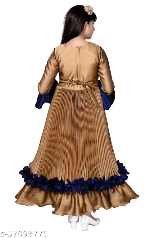 Multicolor poly silk ethnic gown for girls, embroidered net pattern, three-quarter sleeves. Beautiful and comfortable Indian dress for 7-12 years old