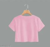 Cotton blend pink cartoon print crop top set, short sleeves for women, India-made