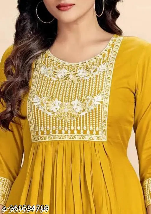 Mustard rayon Nera cut Kurta with beautiful embroidery work, three-quarter sleeves, size S to XXL. Indian handcrafted women's traditional outfit on mannequin