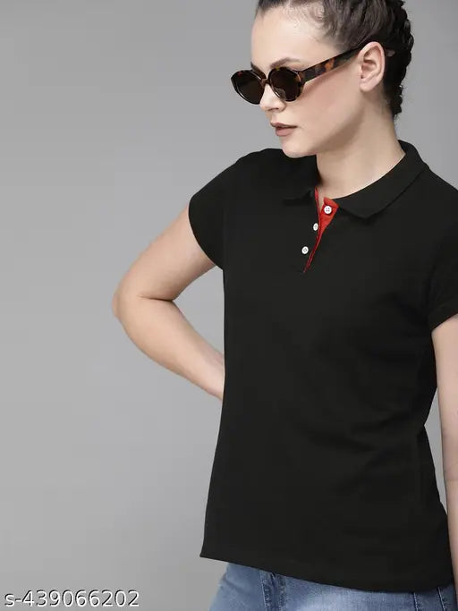 Women's cotton blend polo collar solid t-shirt, short sleeves, size S-XL. Detailed placket design. Made in India