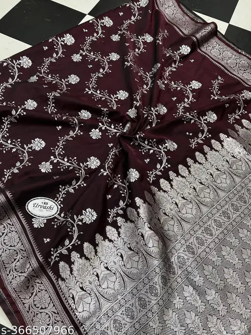 Banarasi satin saree with silver zari, georgette fabric, embroidered net blouse, India origin