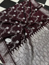 Banarasi satin saree with silver zari, georgette fabric, embroidered net blouse, India origin