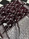 Banarasi satin saree with silver zari, georgette fabric, embroidered net blouse, India origin