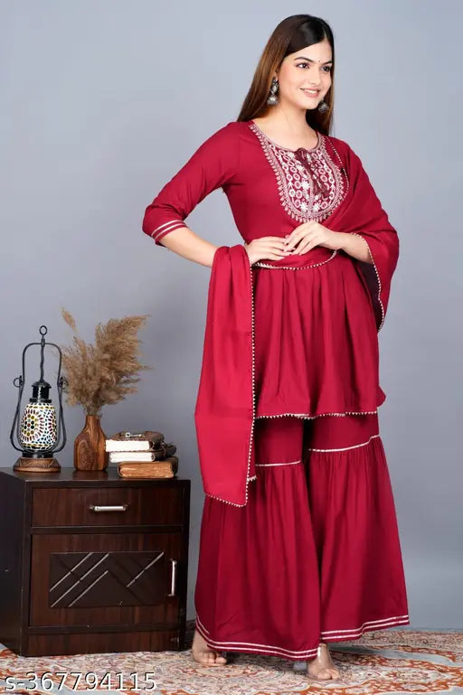 Rayon printed Anarkali kurti set with Sharara and dupatta, embroidered net, contemporary Indian women's fashion, India origin