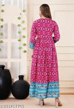 Pink blue Anarkali maxi dress, viscose rayon, three-quarter sleeves, printed combo, Indian origin