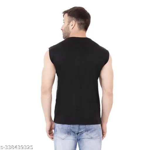 Black cotton blend sleeveless hooded t-shirt, perfect for summer wear and casual outings, by Tfurnish, made in India