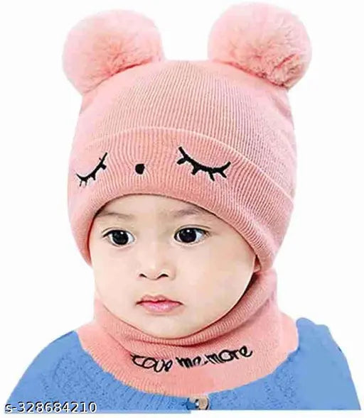 Woolen beanie cap warmer set for kids (1-6yrs), solid wool, Indian origin