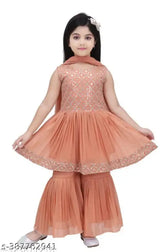 Georgette anarkali palazzos, embellished sleeveless fancy dress for babies (9-12M, 12-18M, 18-24M, 0-1Y, 1-2Y), Indian origin