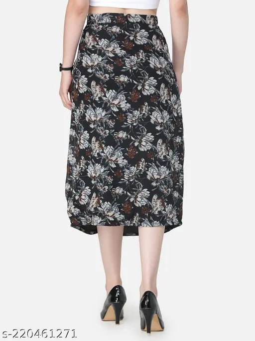 Georgette printed net Sheero black front slit skirt (N), size 32, lining included