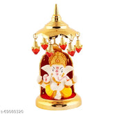 Gold-plated marble Ganesh Idol statue with umbrella stand, used for homes, offices, cars, and small temples (3"x6")