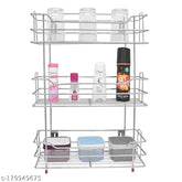 Stainless steel multipurpose kitchen & bathroom rack with 3 shelves, functional and space-saving organizer for utensils, spices, toiletries, and more. Non-slip feet for stability. Ideal for home organization in various spaces like kitchen, bathroom, bedroom, laundry room, etc. Made in India