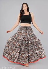 Printed rayon women's long skirt with multiple size options, featuring a length of 40 inches