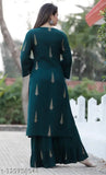 Green rayon printed kurta with sharara, Indian premium three-quarter sleeves bottomwear on display stand