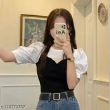 Women's wool pullover O-neck short sleeve chiffon sleeves, solid pattern Korean-style, XS size (bust 34in, length 27in), made in India