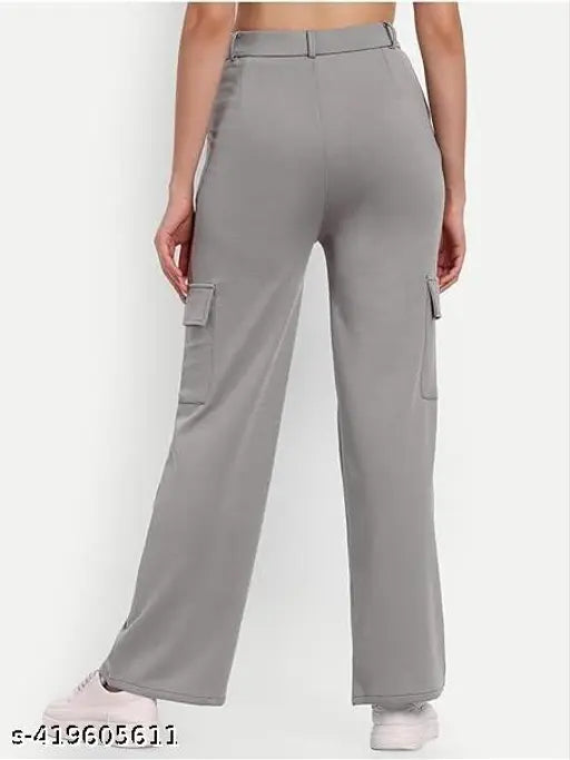 Grey cotton blend cargo jeans for women, full of pockets and comfortable drawstring waist