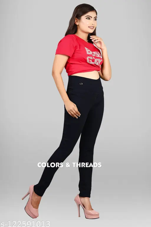 Black denim jeggings from High West, machine washable and high waist belt for women's party or regular wear. Stretchable, comfortable, and trendy black broadbelt jegging (N1). Made in India