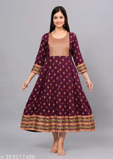 Printed wine rayon Anarkali Kurta, comfortable and stylish ethnic wear for women