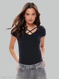 Black cotton V-neck t-shirt for women by TRENDS TOWER - high-quality, breathable, versatile style