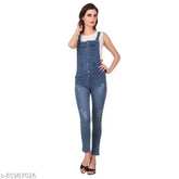 Solid denim women's jumpsuit by JAC Fashion Wear, mid-rise with long sleeves, dark wash, 5-pocket design, India origin