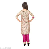 Chanderi cotton blend printed kurti & trousers set for girls, A-line style with three-quarter sleeves. Available in sizes 5-6, 6-7, 7-8, 9-10 years. Made in India