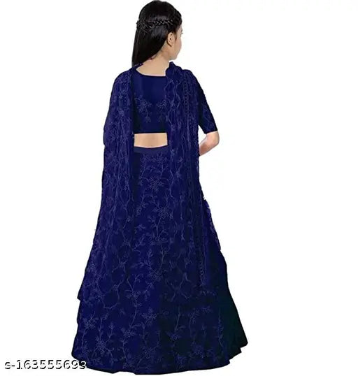 Embroidered net lehenga-choli set, fashionable semi-stitched girls wedding wear, available in various sizes from 3-15 years