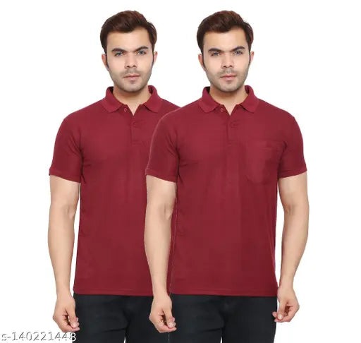 Maroon polycotton men's polo t-shirt combo pack, half sleeve with pocket, regular fit for multiple occasions