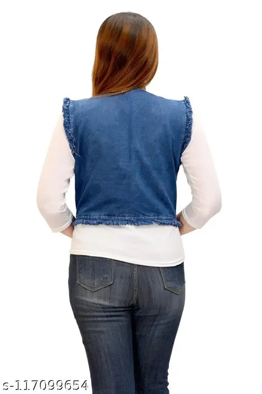Sleeveless denim jacket for girls and women, printed with sweet design in light and dark colors. Made in India." (98 characters)