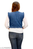 Sleeveless denim jacket for girls and women, printed with sweet design in light and dark colors. Made in India." (98 characters)