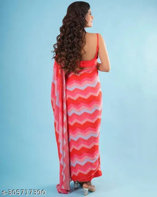Georgette saree with printed solid blouse and all-over sequence work, free size, Indian origin