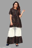 Rayon Indian ethnic tunic top kurta set with sharara bottom, printed net pattern on display