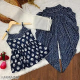 Printed cotton kurta set with dupatta and dhoti for kids, sleeveless lace work design in net fabric, 8-9 years size, Indian origin