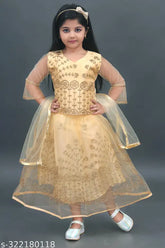 Embroidered net lehenga choli with long sleeves and matching net dupatta for girls aged 8-11 years, originating from India