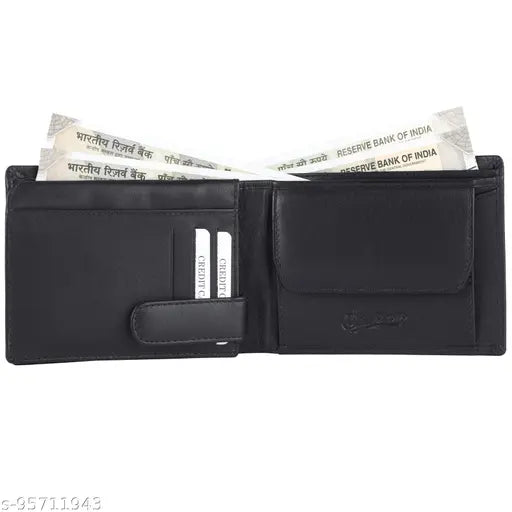 Black genuine leather men's wallet, durable bi-fold design with 6 card slots, 2 currency pockets, 3 secret compartments, and coin pocket. Ideal for organizing essentials in stylish black leather crafted by Singhi Exports. Perfect gifting solution for Diwali, birthdays, or special occasions. Made in India
