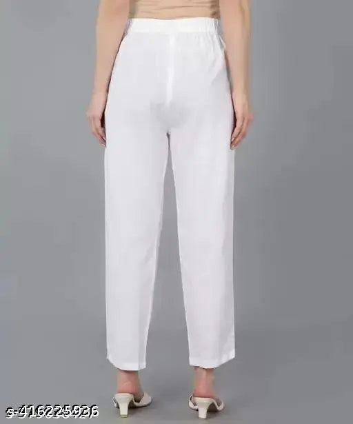 White cotton straight-fit trousers, Seema Textiles brand, two pockets, trendy chino style, best for all seasons