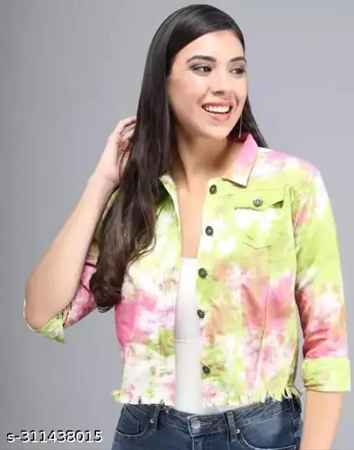 Long-sleeve denim jacket for women, dyed/washed style in XS (34in bust, 19in length), premium quality Indian fabric