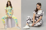 Tie Dye poly crepe pajama suite and night dress combo, featuring soft ambient lighting, plush bedding, and modern decor for restful sleep. Indian-made