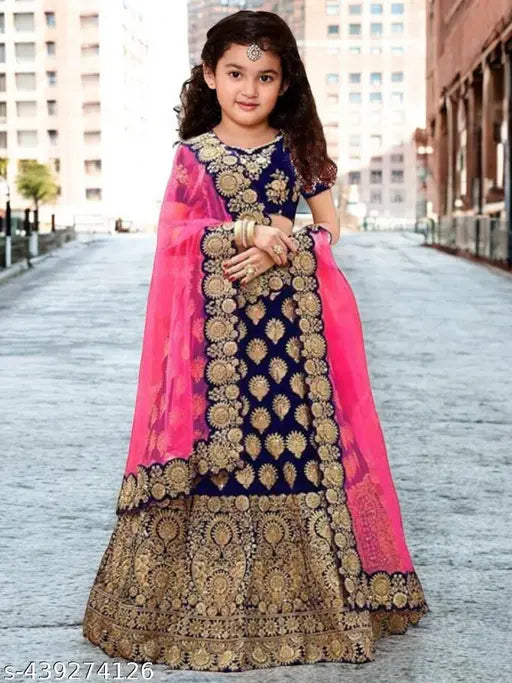 Embroidered silk lehenga chunni for girls, short sleeves with net dupatta. Indian handcrafted girls' party wear in various sizes from 0-2 months to 14-15 years