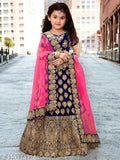Embroidered silk lehenga chunni for girls, short sleeves with net dupatta. Indian handcrafted girls' party wear in various sizes from 0-2 months to 14-15 years