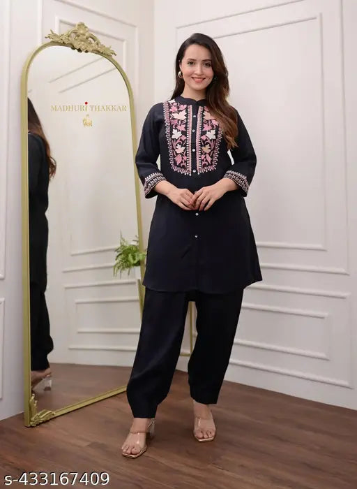 Black Pure Cotton Afghani Coord Set, elegant three-quarter sleeve co-ord set from India