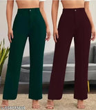 Stretchable lycra classic-look women's trousers, pack of 2 in solid color, stylish comfort wear from India
