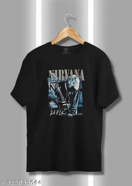 Black premium cotton unisex printed t-shirt featuring the Nirvana Kurt design. Short sleeves, available in sizes S-XXL. Made in India