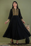 Black rayon Zari embroidered Anarkali Kurti by Faheeman Garments - India, three-quarter sleeve length in solid pattern for women's S to 5XL sizes