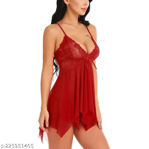 Women's free size net nightsuit, backless baby doll design, lace detailing, Indian high-end lingerie