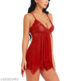 Women's free size net nightsuit, backless baby doll design, lace detailing, Indian high-end lingerie