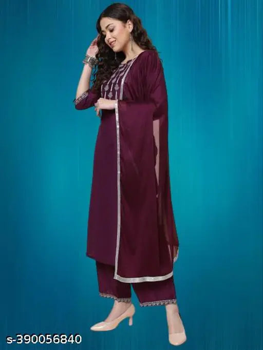 Cotton Aagyeyi Ensemble Women's Kurta Sets, embroidered net palazzos with three-quarter sleeves, pack of 3 sizes S-XXXL