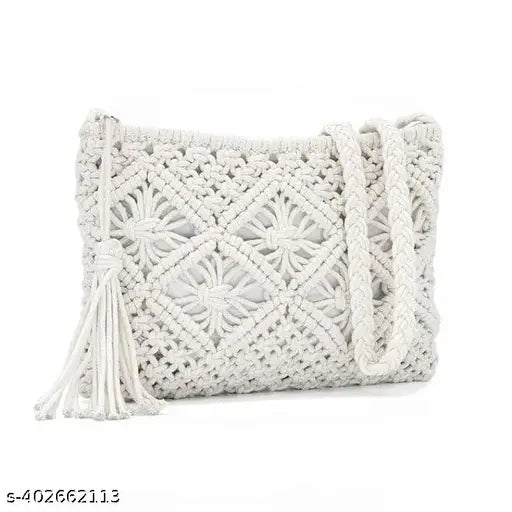 Handmade cotton macrame small shoulder bag for women, self-designed pattern, India origin