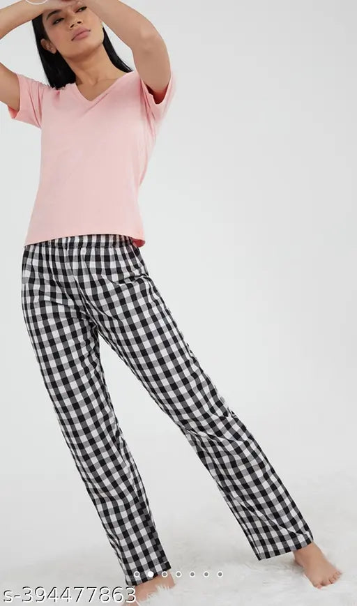 Cotton checkered women's pajama - maxi length, elegant design, India-made
