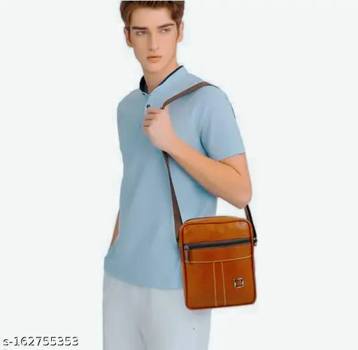 Beige faux leather sling bag, practical for travel and daily use, suitable for men and women