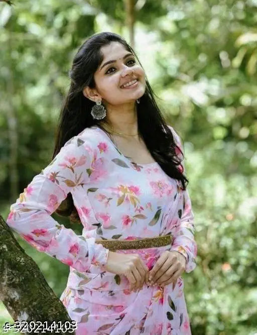 Pink Georgette fancy retro women's gown with dupatta, long sleeves, printed pattern. Sizes: S-XXXXL, India origin