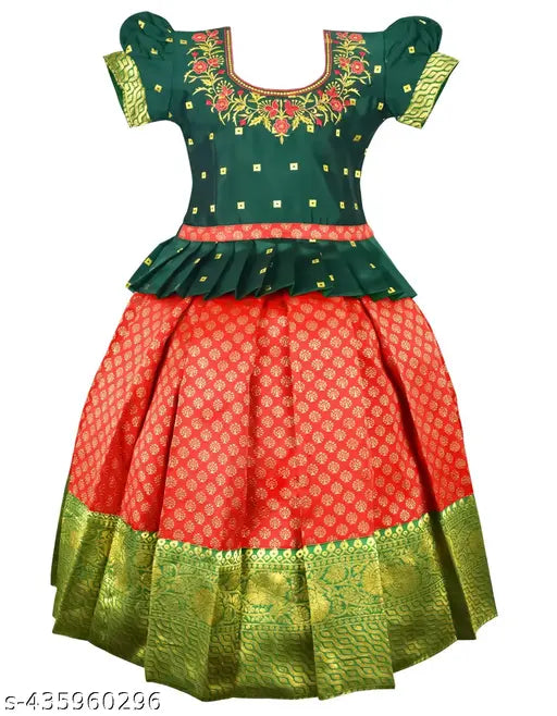 Blue & Pink Traditional Indian Lehenga Choli Set: Royal blue blouse with floral embroidery, short puffed sleeves; Vibrant pink skirt with golden zari work. Perfect for weddings, festivals, or special occasions